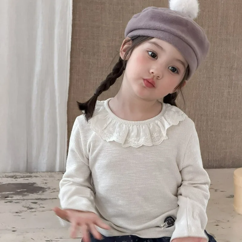 Children's Hollowed Out Lace Fungus Lace Collar Base Shirt with Texture Long Sleeved Women's Treasure Inner Top