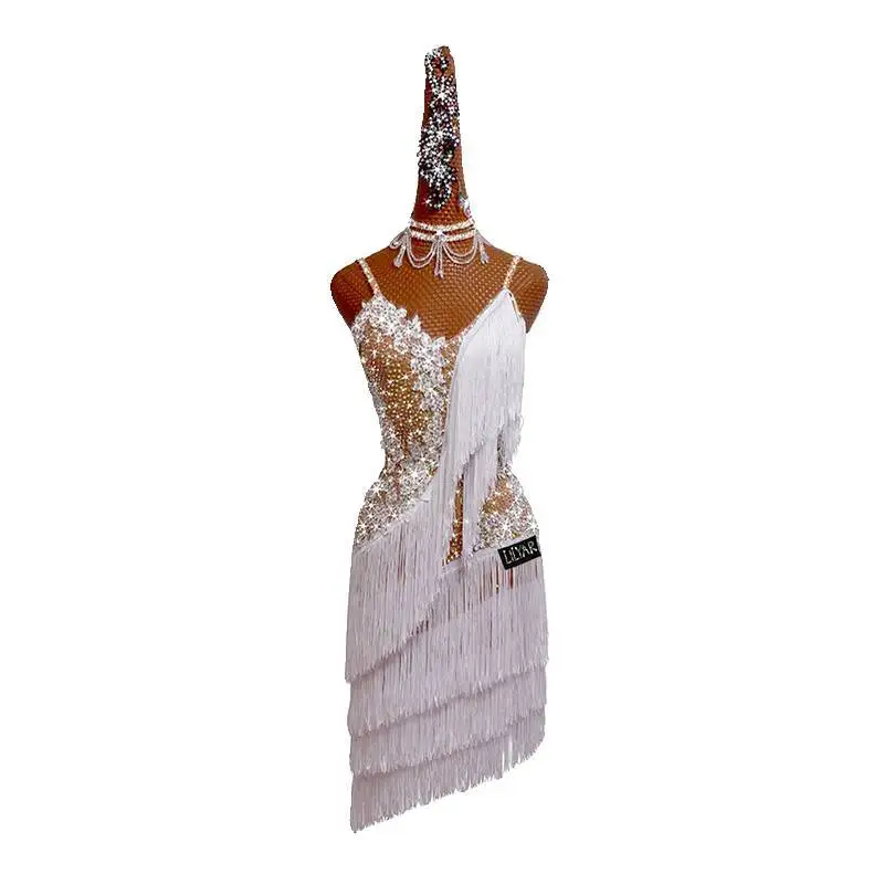 Nouveau Concours de danse latine Performance blanc gland strass brodé robe de danse