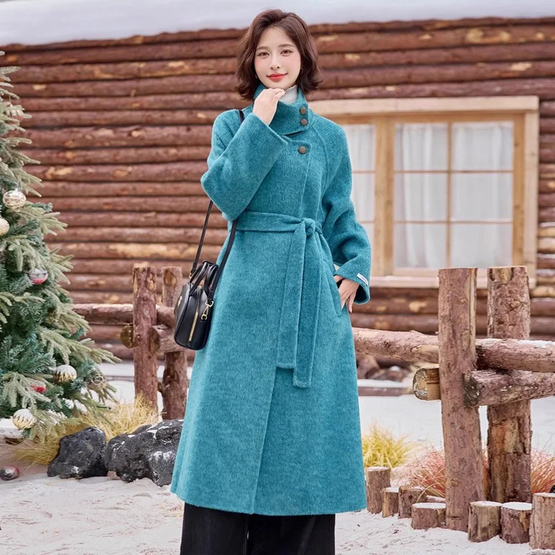 

New Women Peacock Blue Woolen Coat Autumn Fashion Stand Collar Loose Waist Double-faced Wool Blended Coat Casual Daily Coat
