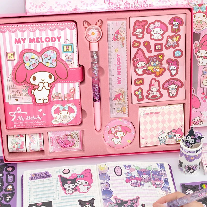 Sanrio Stationery Set Gift Pack My Melody Kuromi Notebook Stickers Neutral Pen Ruler Tweezers Kids Girl Material Back To School