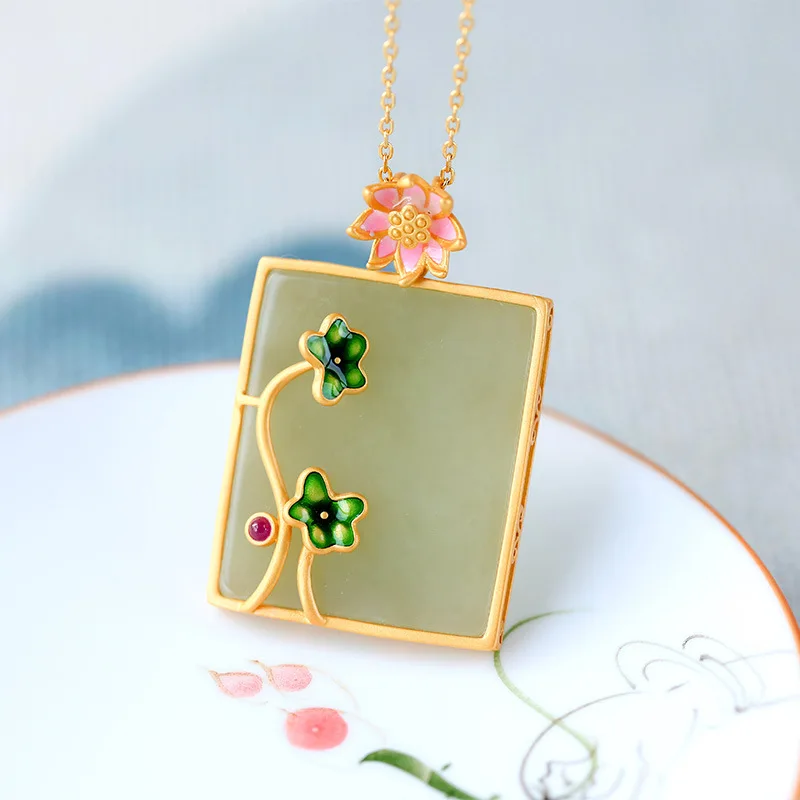 Enamel Lotus Flower Style Pendant New in Natural Hotan Jade Green Necklace Classical Clavicle Chain Banquet Jewelry for Women