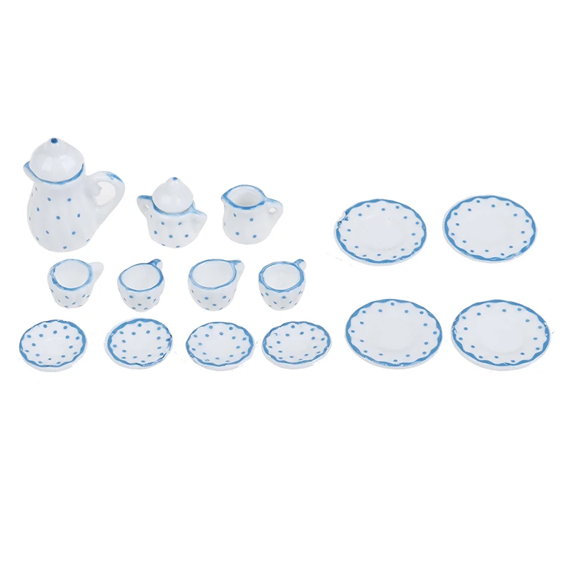 15Pcs 1:12 Dollhouse miniature blue dot tableware porcelain coffee tea cups set