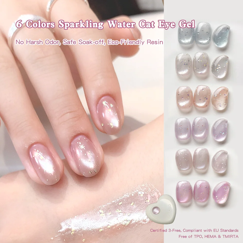 KANIU 3-Free Safe Gel 5ML Flash Whitening Bubble Water Cat Eye Gel Nail Polish Shimmer Bubble Cat Eye UV Gel Polish 6 Colors