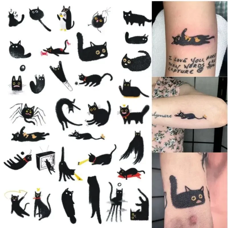 Tatuajes temporales de mariposa de gato de dibujos animados para mujeres y hombres, tatuaje de clavícula, brazo impermeable, pegatina de gatito, arte duradero, tatuaje falso