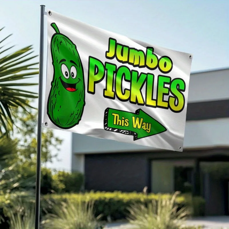 Jumbo Pickles Shop Advertising Flag - Outdoor Banner with Cartoon Pickle for Storefronts Food Business Promotions