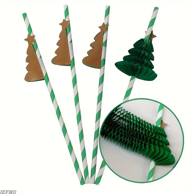 Christmas Tree Honeycomb Paper Straws Holiday Straws with Green Tree and Gold Star Design Perfect for Holiday Celebrations