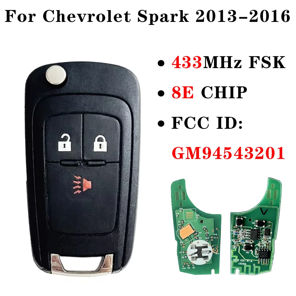 GM94543201 433 MHZ Flip Remote Car Key 3 Buttons  8E Chip For 2013 2014 2015 2016 Chevrolet Spark