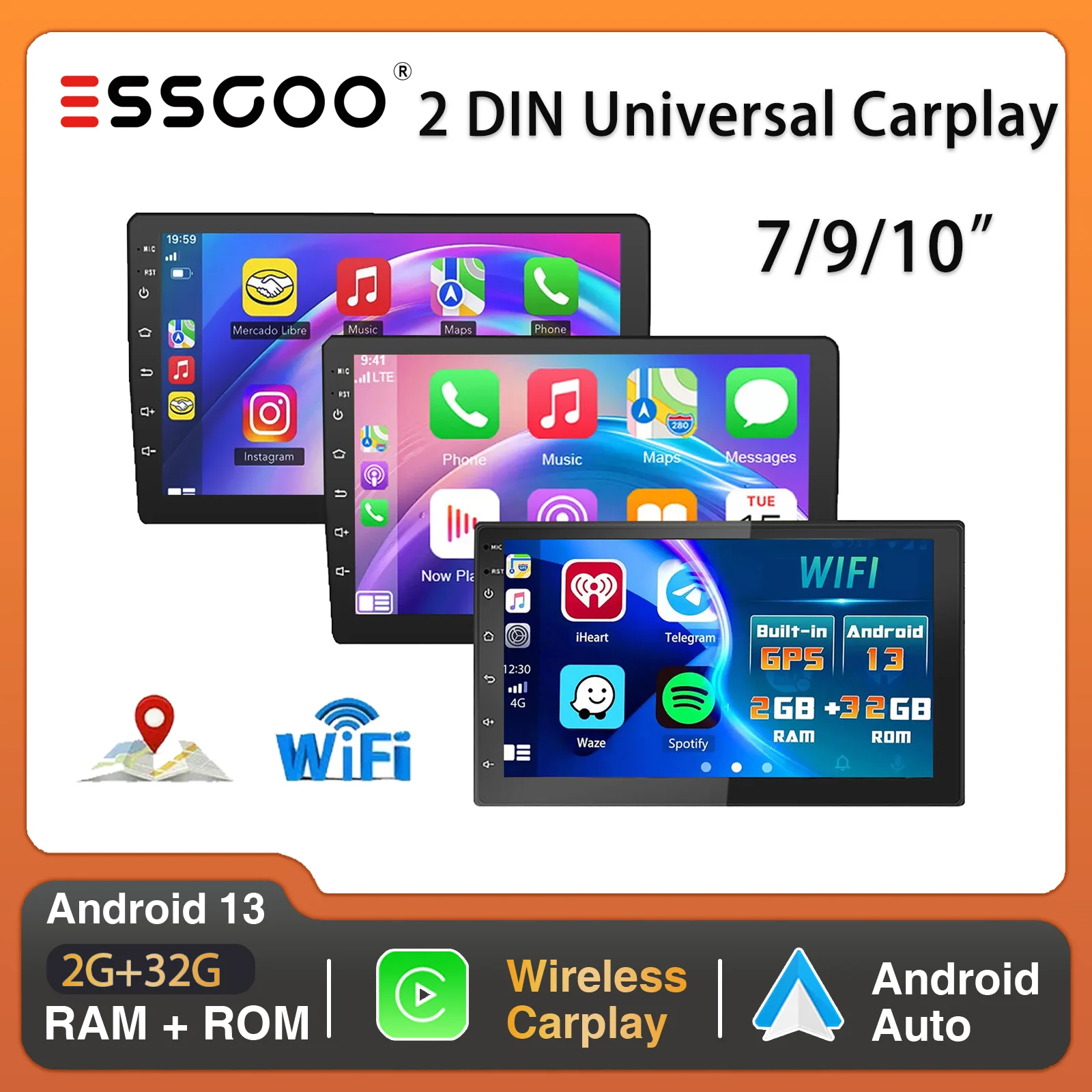 ESSGOO 7/9/10“ Android 13 Wireless Carplay Universal Car Stereo Radio 2 DIN GPS Navi BT FM Multimedia Video Player For VW Nissan