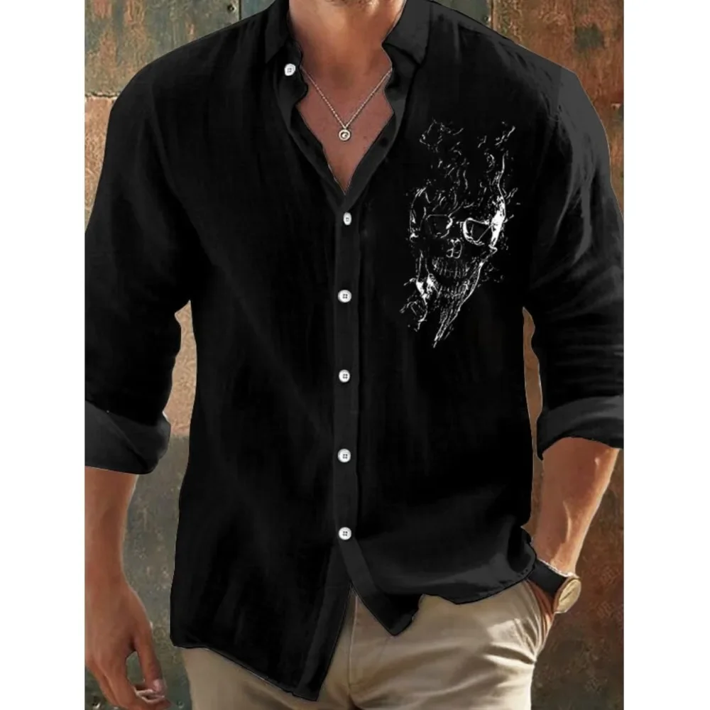 قمصان رجالية جديدة كلاسيكية داكنة ثلاثية الأبعاد مطبوعة بأكمام طويلة-طبعات جمجمة سوداء بقصة عادية، ياقة طية صدر السترة، ملابس شارع من مزيج البوليستر