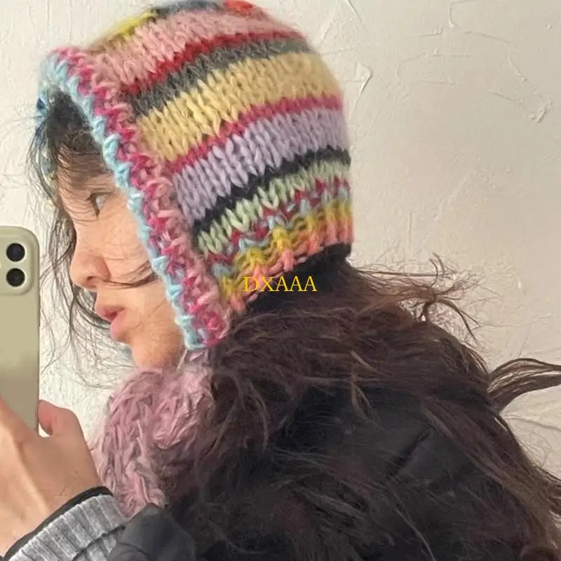 DXAA شعبية مخطط التباين اللون قبعة صغيرة للإناث لينة البلوز قبعة 2000s أنيقة محبوك قبعة مع الأذن رفرف يوميا