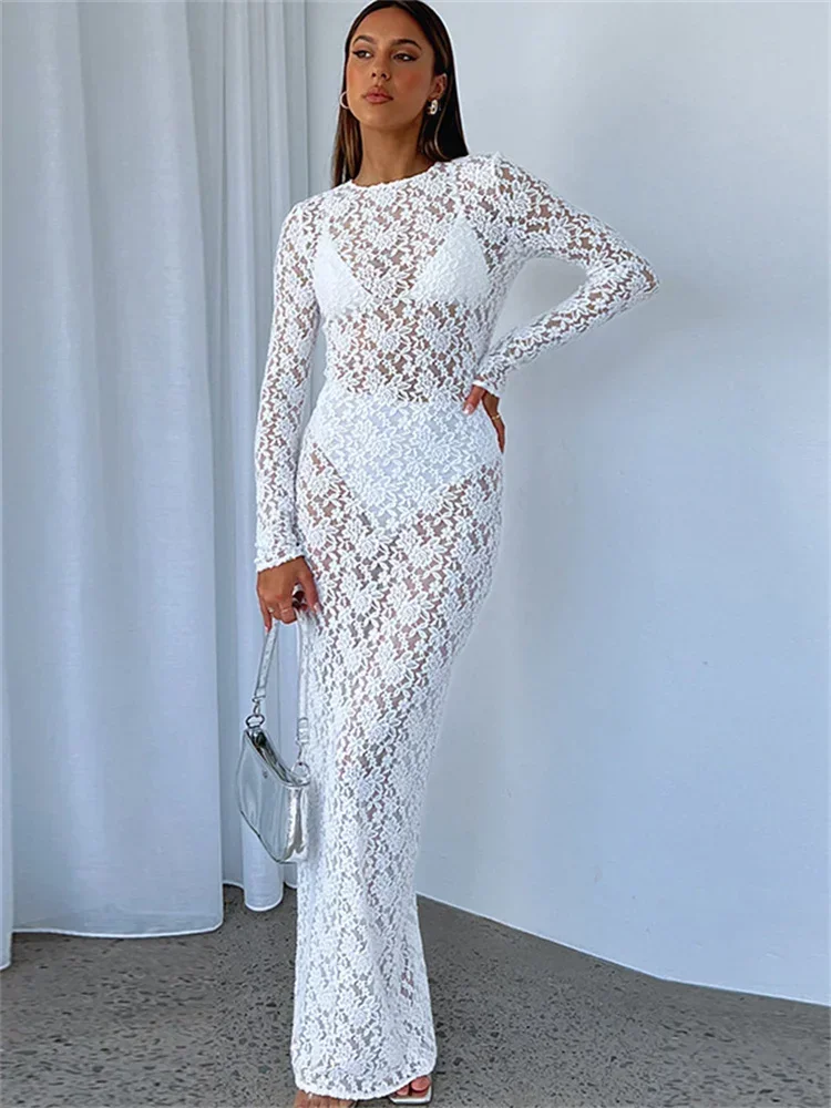 Lace See-Through Printed Long Dress Female Hollow Out Slim High Waist Solid Dress Sexy Club Clothes Ladies Maxi Dress 2024