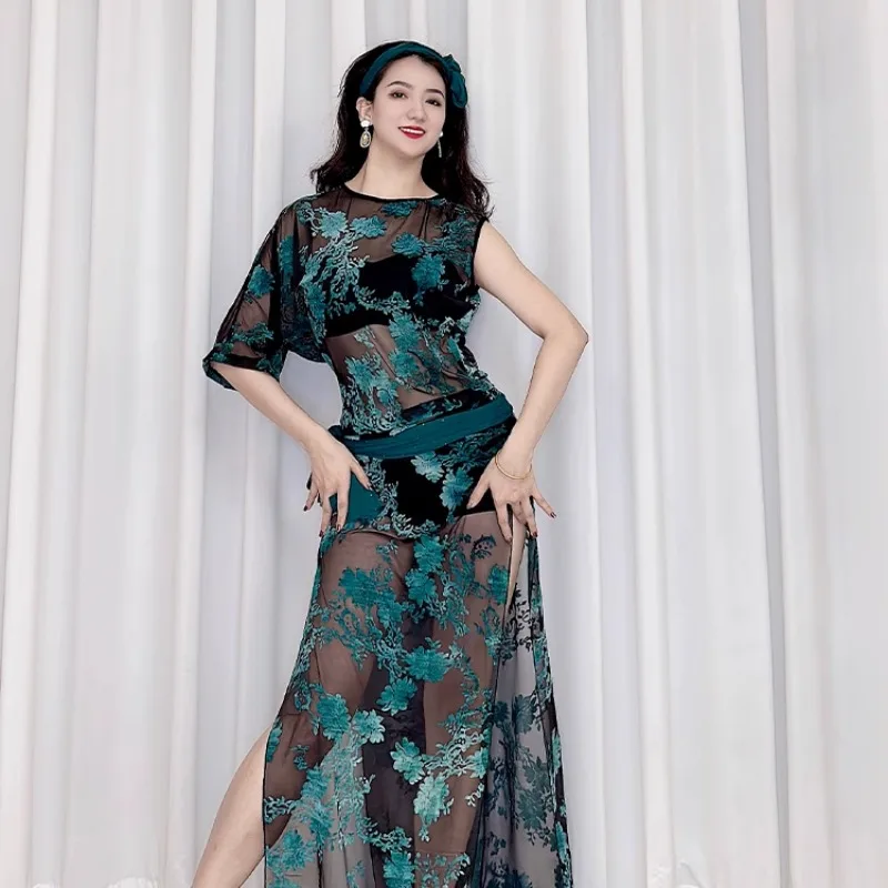 Customized Belly Dance Costumes Blue Green Burnt Flower Network Robe Balaldi Folk Style Robe Cane Dance Performance Clothing