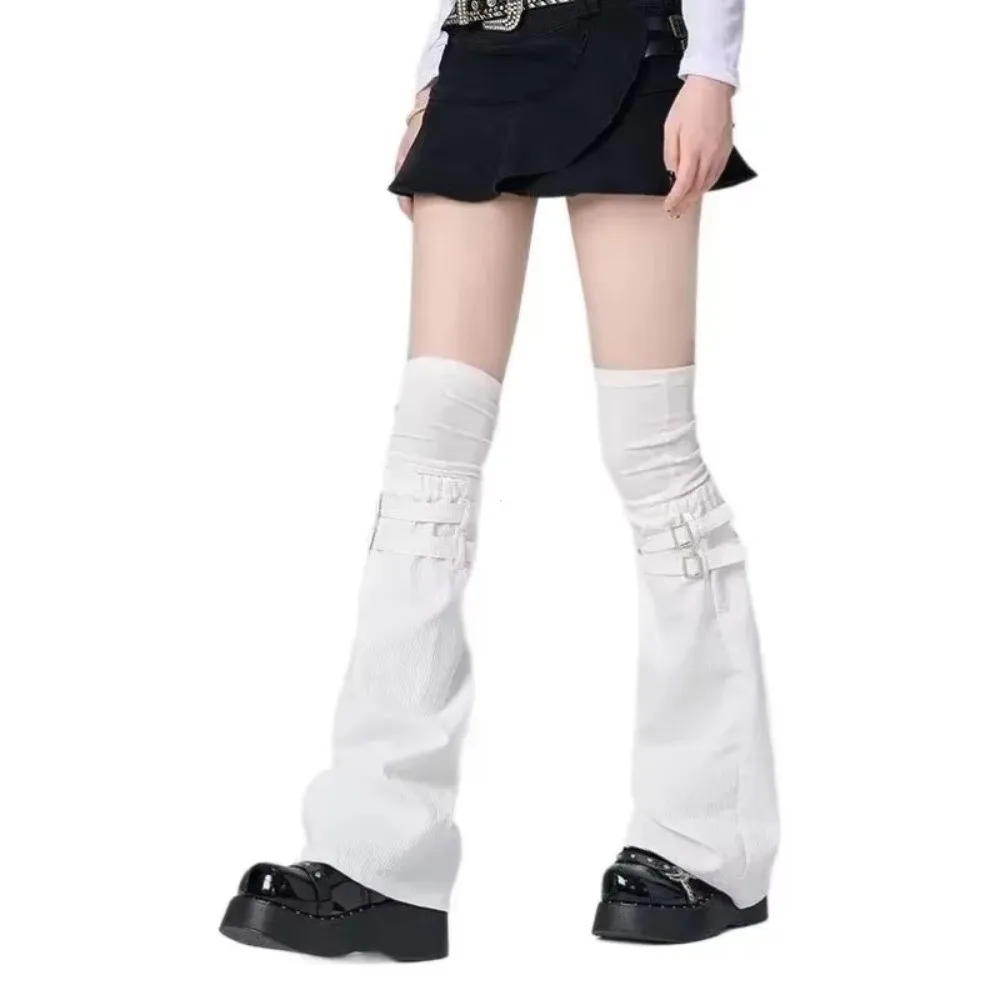 Sweet Y2K Knee Over Socks Keep Warm Leather Buckle High Tube Socks Black White Harajuku Socks Women Girls
