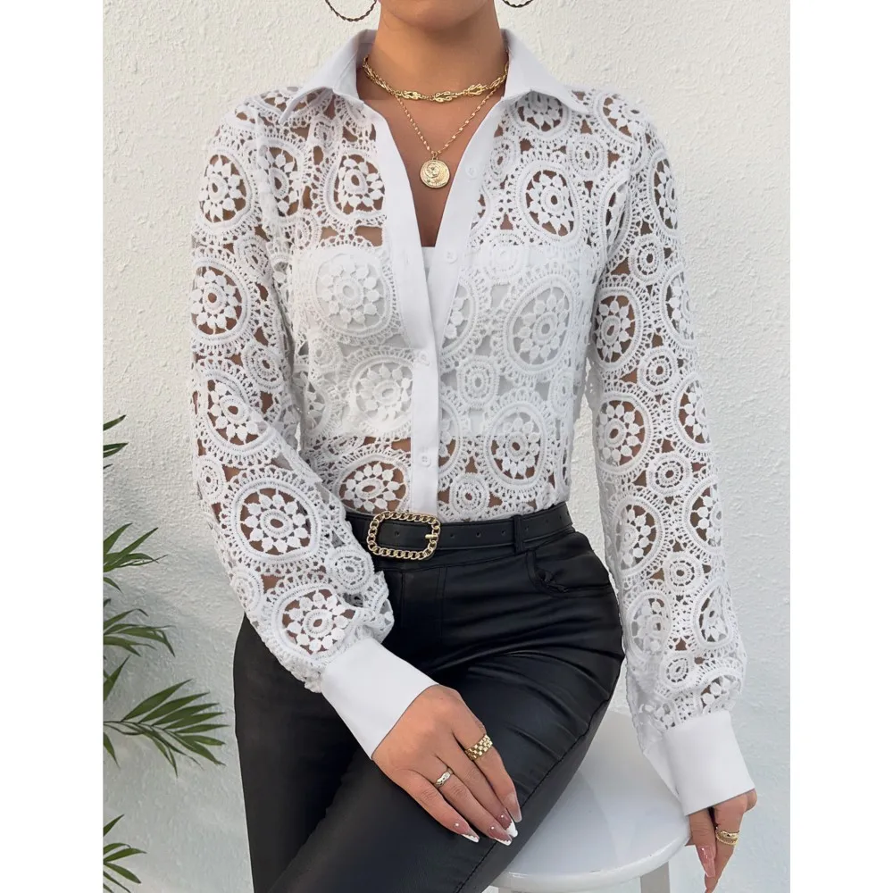 

New Spring And Summer Fashion Lace Long-sleeved Shirt Sexy Lace-up Lapel Casual Top For Women's White Office Shirt Female 2025