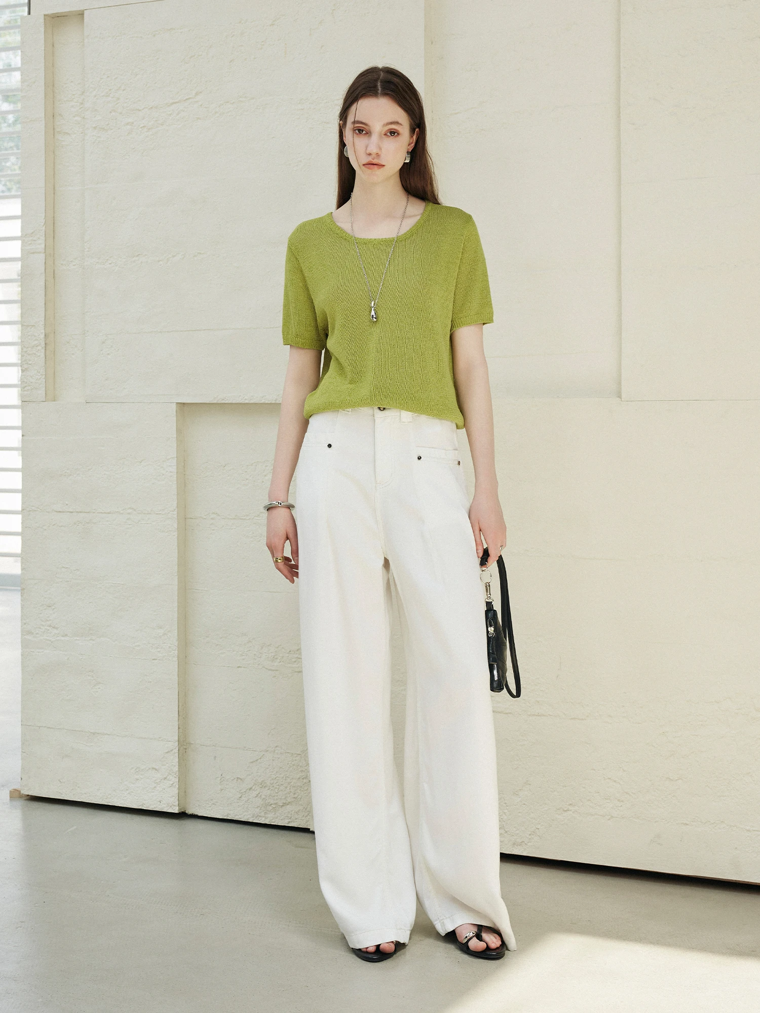 

CLMX Smooth Rigid pe Lyocell Denim Fabric Casual One ket Pleated Loose Wide Leg Jeans Women's Straight Leg Jeans Summer ...