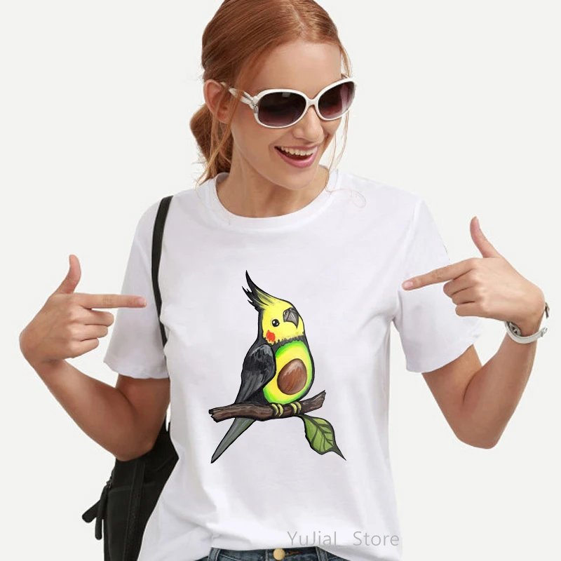 Watercolor Cockatiel Parrot Bird Print Women\'S T-Shirt Funny Avocado T Shirt Femme Harajuku Kawaii Clothes White Tshirt Female