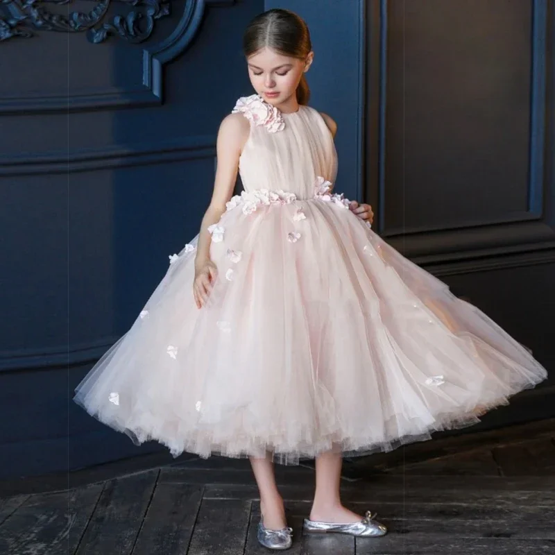 

Birthday Party First Communion Gowns Flower Girl Dresses Purple Tulle Puffy With Flowers And Petals Sleeveless For Wedding