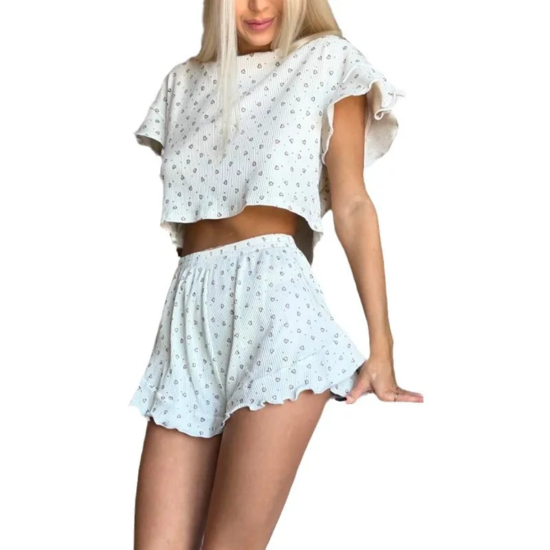 Women\'s Casual Printing Suit Ruffled Short Sleeve round Neck Shorts Pajamas Two-Piece Set