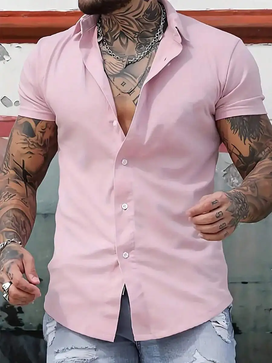 

Men's Solid Pink Short Sleeve Button-Down Shirt for Summer Casual Wear