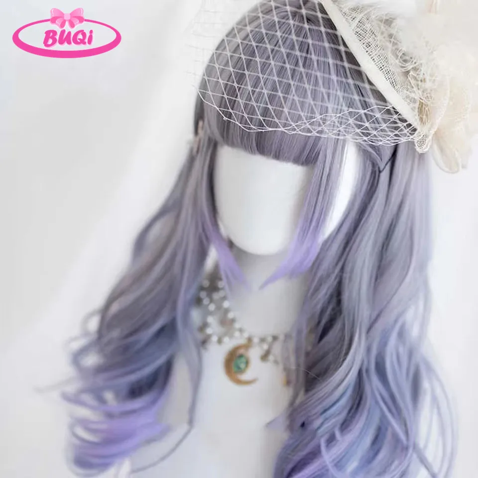 Grey Blue Purple Ombre Synthetic Wigs for Cosplay Long Curly Wavy Layered Wigs with Bangs for Women Heat Resistant Fake Hair