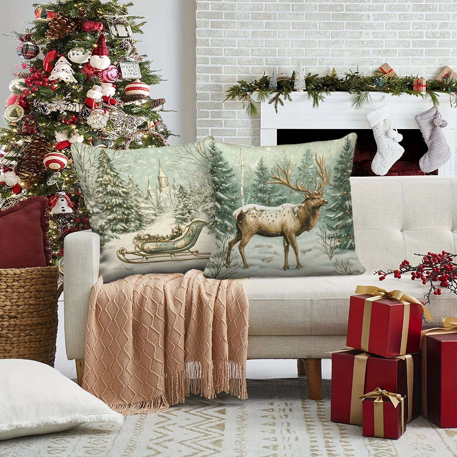 مجموعة غطاء وسادة عيد الميلاد مكونة من 4 قطع - تتميز بتصميمات إكليل الغابات والغزلان والشجرة، مثالية للأريكة والسرير والديكور المنزلي #3