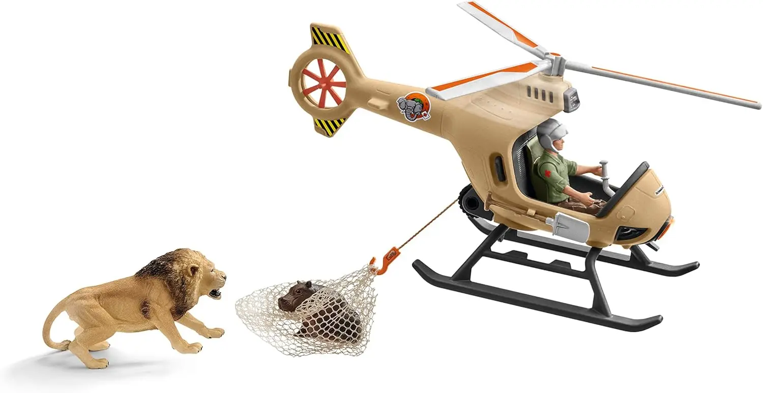 

Animal Rescue Helicopter Playset with Lion and Hippo Figurines - Highly Detailed Wild Animal Playset, Durable for Education