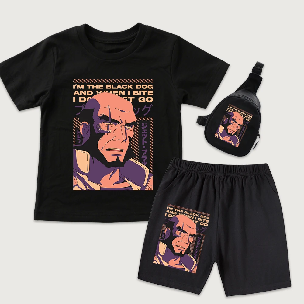 Conjunto de Camiseta y Pantalones Cortos de Algodón con Estampado de Anime Cowboy Bebop Jet para Niños, Atuendo Casual de Verano con Mini Bolsa de Pecho, Conjunto de 3 Piezas para Niños y Niñas