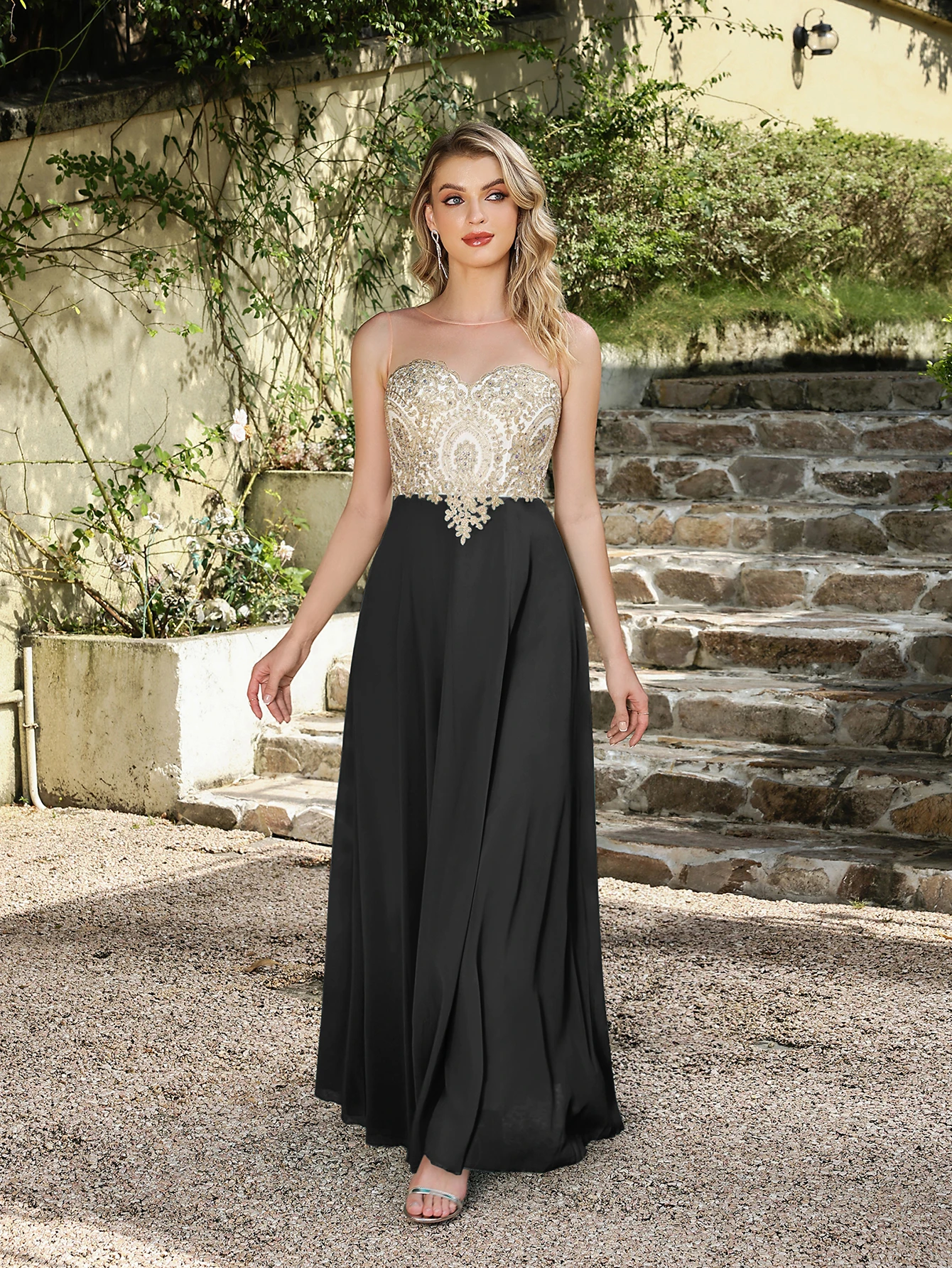 BABYONLINE 2025 Evening Dresses with Gold Lace Bodice Elegant A Line Chiffon Long Formal Wedding Party Gowns In Stock