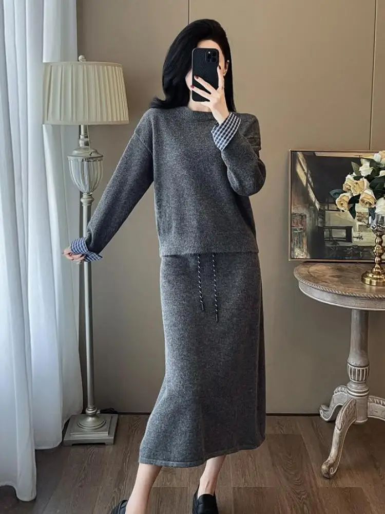 

Осень-зима, новый женский французский лоскутный пуловер, вязаный свитер и длинная юбка на шнуровке с высокой талией, шикарный комплект из двух предметов