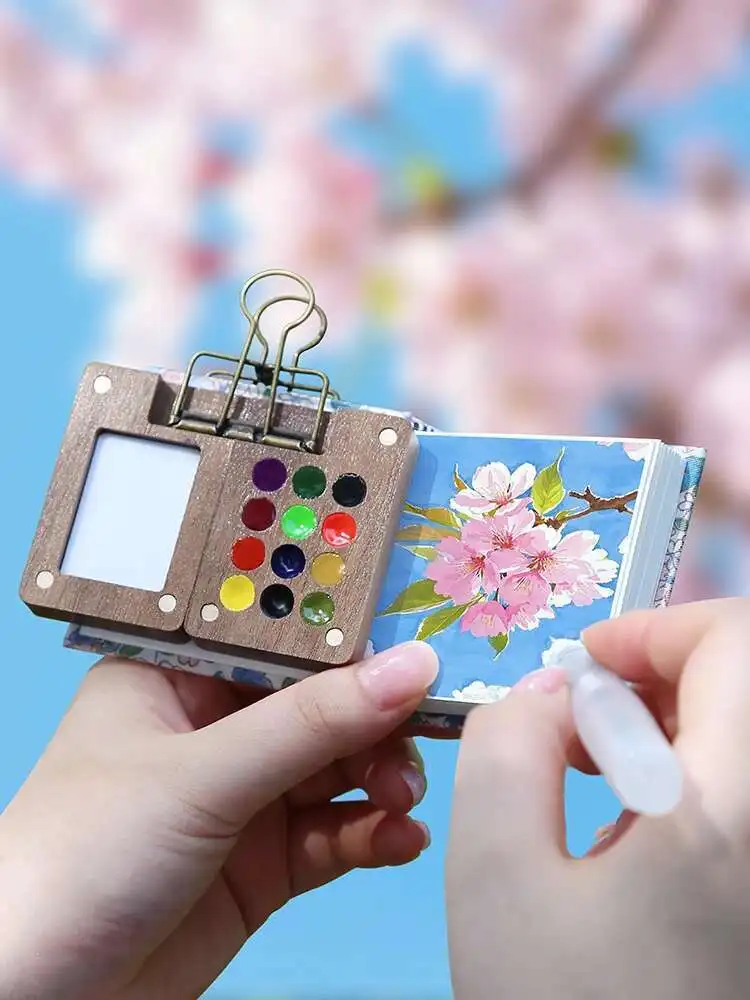Mini  Drawing Tool Set Portable Travel  Walnut Wood Magnetic Watercolor Paint Box Art Drawing Notebook For Beginners