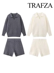 TRAFZA Women Summer 2 Piece Set Solid Turn-down Collar Long Sleeves Knitted Tops Female Chic Elastic Waist Casual Loose Shorts