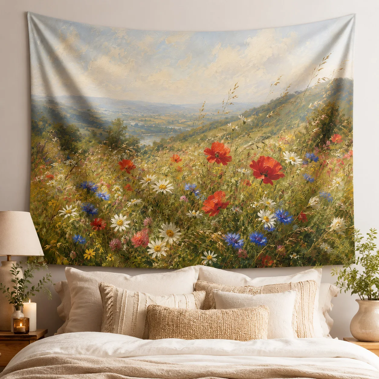 Vintage Wildflower Meadow Wall Tapestry Oil Painting Floral Landscape Hanging for Bedroom Living Room Dorm Decor Gift
