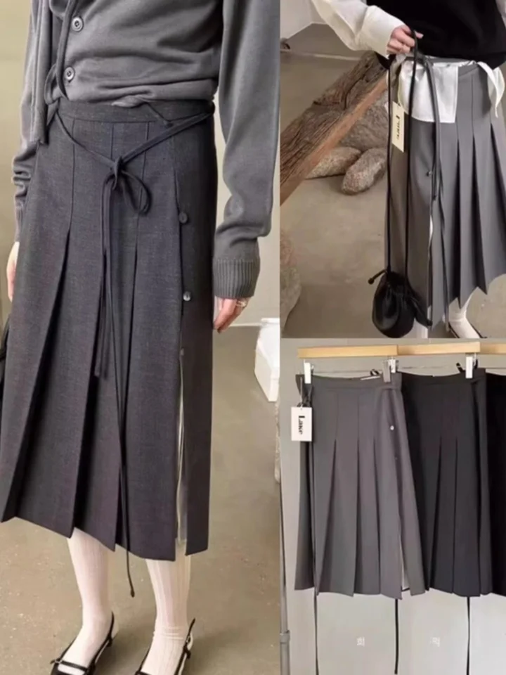 

Модная асимметричная плиссированная юбка с завышенной талией, бантом и боковым разрезом, весна-лето, новинка, корейский стиль, полиэстер