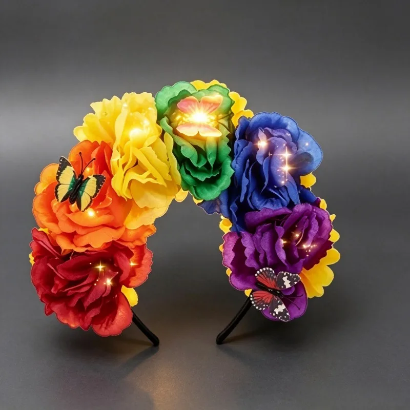 Day of the Dead Sparkling Flower Crown, LED Light Up Flashing Rose Headband with Butterflies, Colorful Fiesta Hair Hoop for Wome