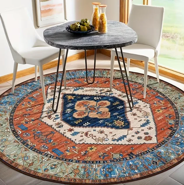 Bohemian Style Round Rug Golden Indoor Carpet Bedroom Non-slip Round Mat Ideal for Living Room Study Bathroom Interior Decor