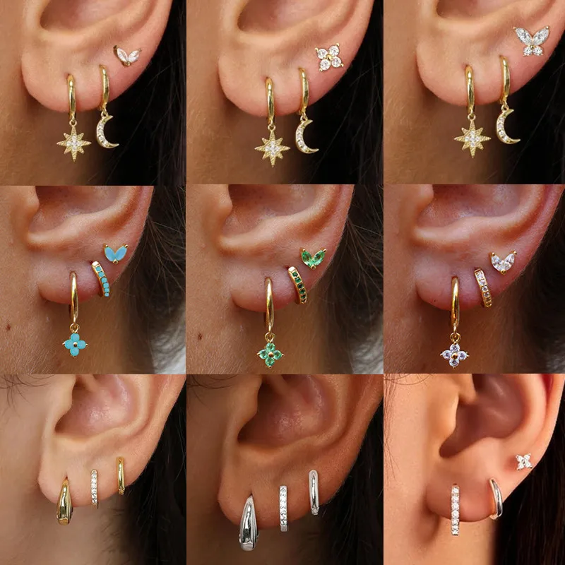 3 szt. Kryształowy zestaw kolczyków Tragus stadnina kwiat chrząstka Huggie kolczyk luzem Helix biżuteria kobiety moda serce płatek kolczyk Pack