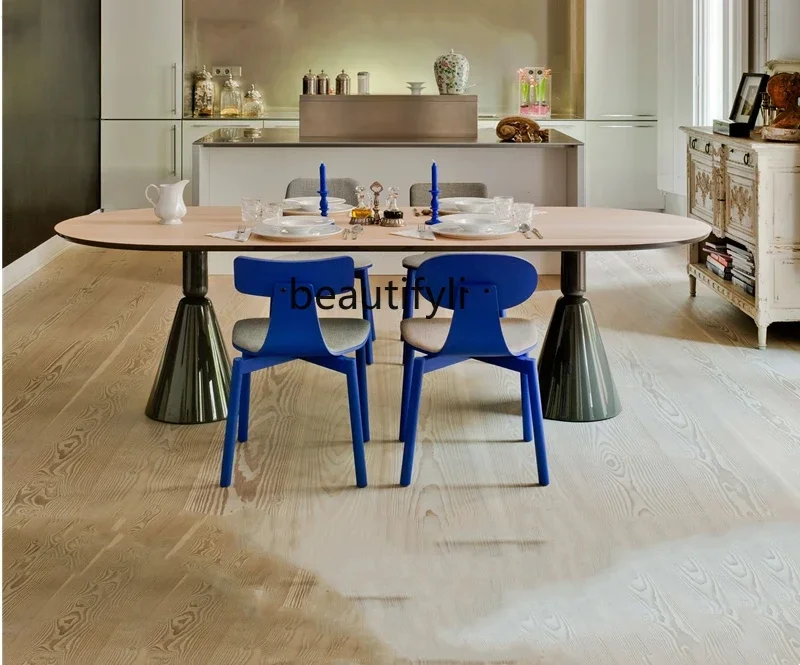 

yj5 Tavolo da pranzo e sedie in legno massello personalità creativa tavolo lungo ovale scrivania semplice tronco di legno