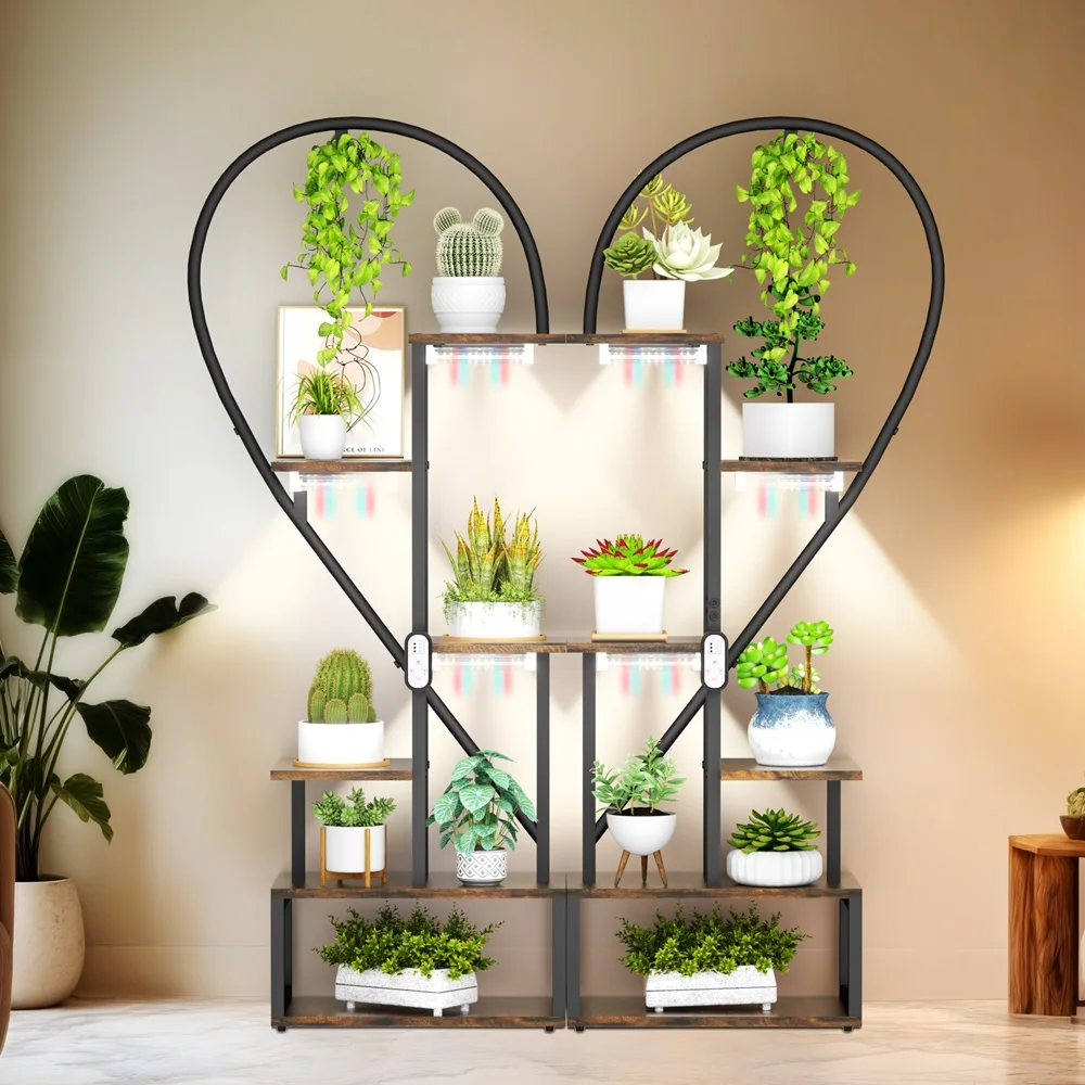 6 Tier Wood and Metal Plant Display Rack Stand Heart Shaped Storage Shelf with Lights