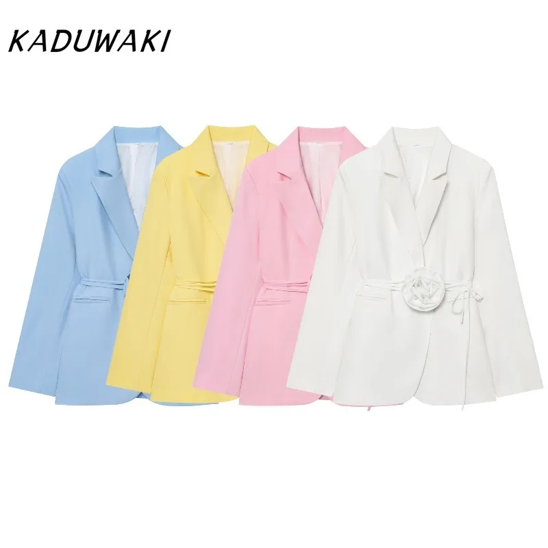 

KADUWAKI American Retro Women's Autumn Lapel Three-Dimensional Flower Suit Jackets Tie At Waist Cinched Waist Commuter Style Top