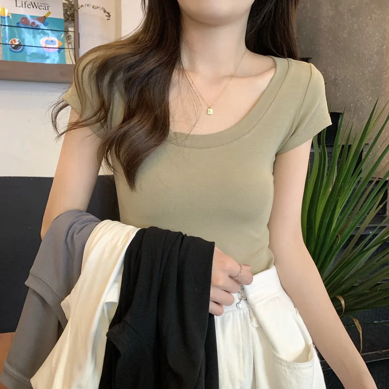 

Solid Color Casual Versatile Short Sleeved T-Shirt With Bottom Layer For Summer Slim Fit U-Neck Student Top