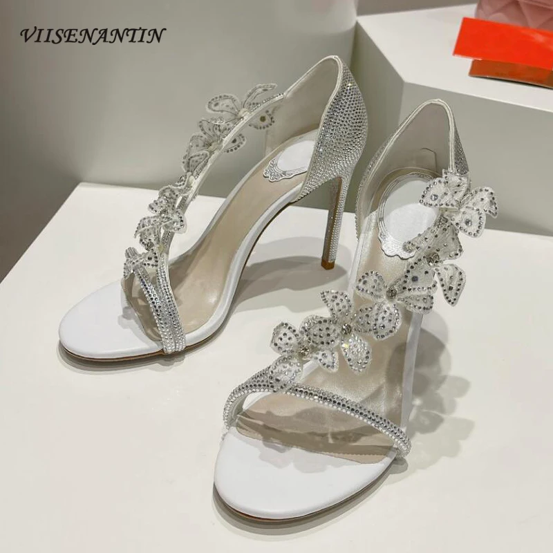 

Crystal Wedding Shoes Amazing Shiny Bling Diamond Butterfly Flower Strap Sexy Thin Heel Summer Sandal Shoes Luxury Trendy Heels