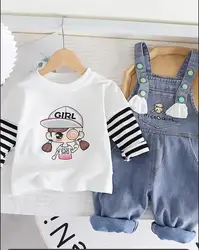 Girls' striped long-sleeved T-shirt and overalls