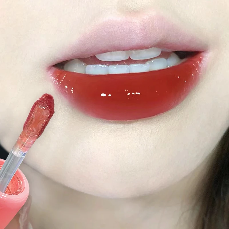 ملمع شفاه مائي بمرآة من الكرز الوردي، ملمع شفاه زجاجي شفاف، زيت شفاه سائل مقاوم للماء، مكياج بني شفاف