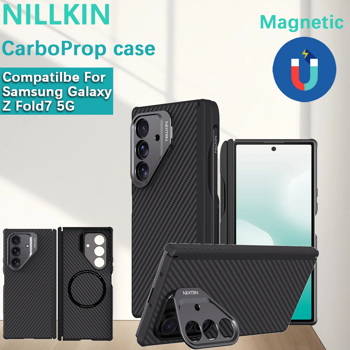 

Совместимый складной чехол NILLKIN для Samsung Galaxy Z Fold 7, арамидное волокно + ТПУ CarboProP, магнитный держатель для объектива, чехол для телефона