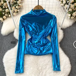 Basics Long Sleeves Stand Collar Hotsweet Vintage Metallic Color Fashion Slim Top Streetwear High Street Spring Autumn T-Shirts