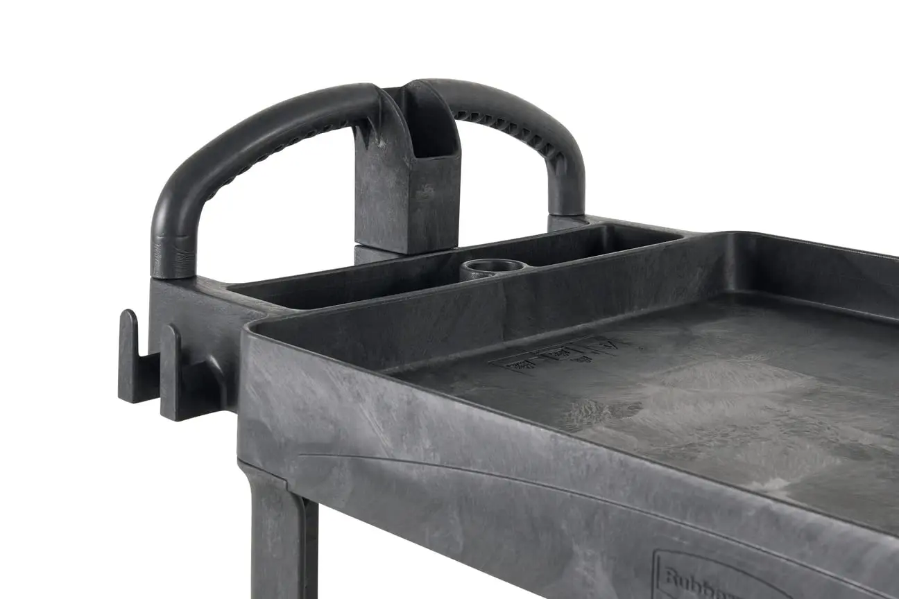 Rubbermaid commerciële producten Utility/servicewagen met 2 planken, medium, zwart, lipplanken, ergonomisch handvat, capaciteit van 500 lbs