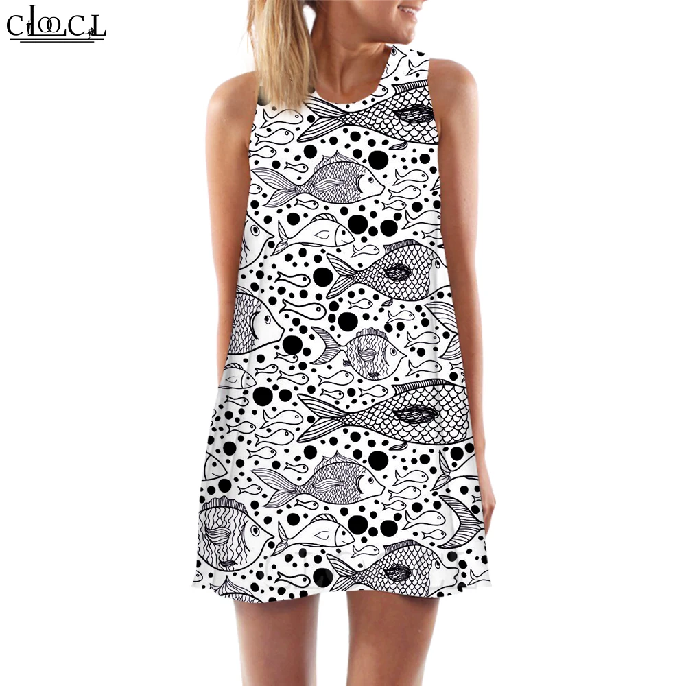 

CLOOCL Summer 2022 Women Tank Dress Cartoon Fish Pattern 3D Printed Sundress Sexy Mini Dress Fashion Sleeveless Dress