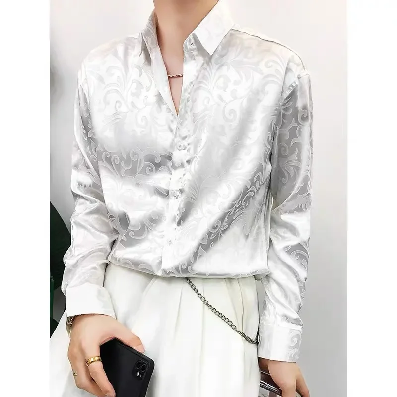 

Men's Black Satin Damask Print Shirt Long Sleeve Loose Fit Casual Button-Down Shirt