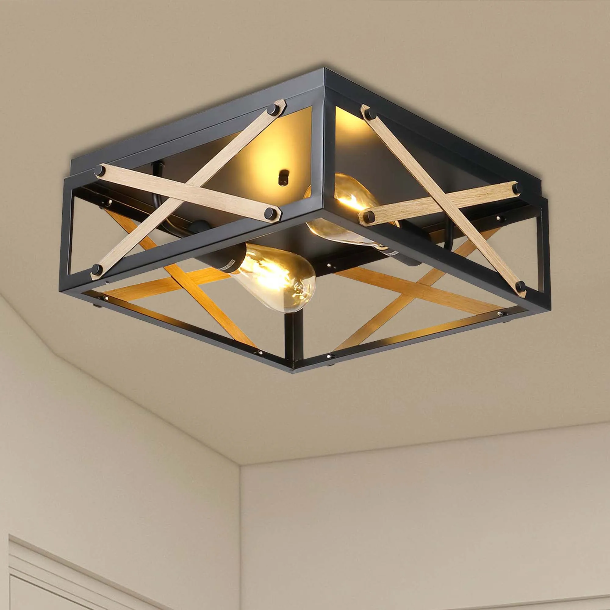 Flush Mount Ceiling Lights 2-Light Farmhouse Close to Ceiling Lighting Fixtures Black Ceiling Lamp for Bedroom Hallway