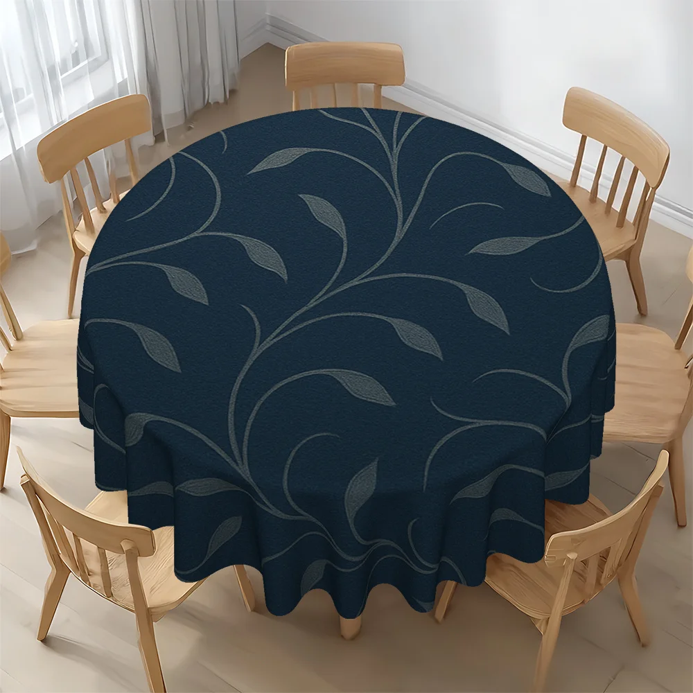 Round tablecloth, tabletop cover, floral leaf pattern navy design, suitable for Christmas and New Year